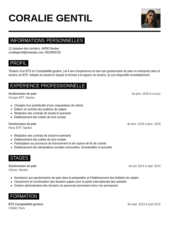 Exemple de CV de gestionnaire de paie CV.fr