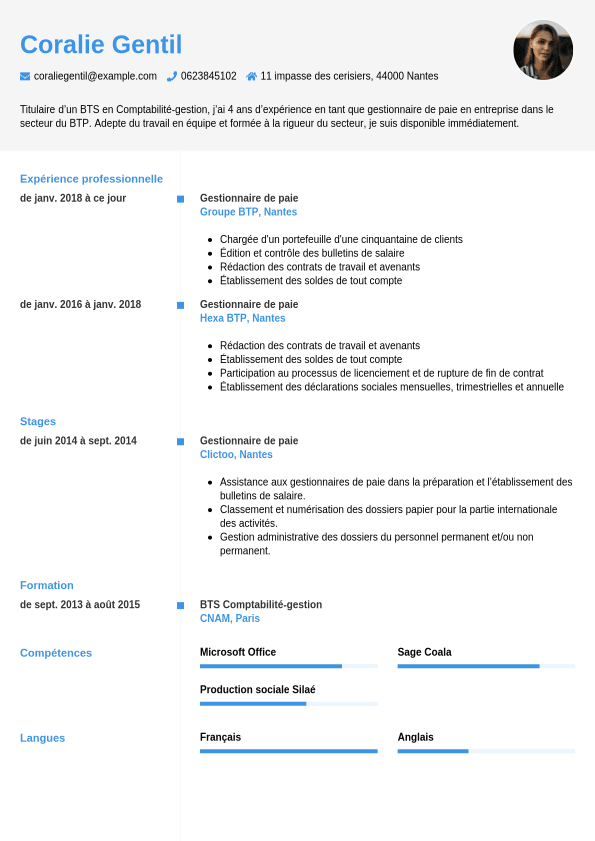 Exemple de CV de gestionnaire de paie CV.fr