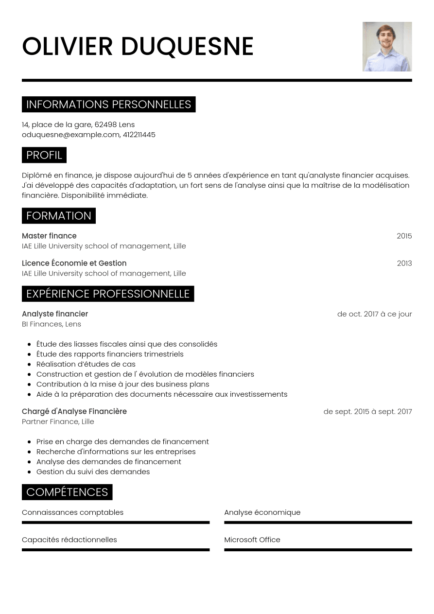 Exemple de CV pour un analyste financier - CV.fr