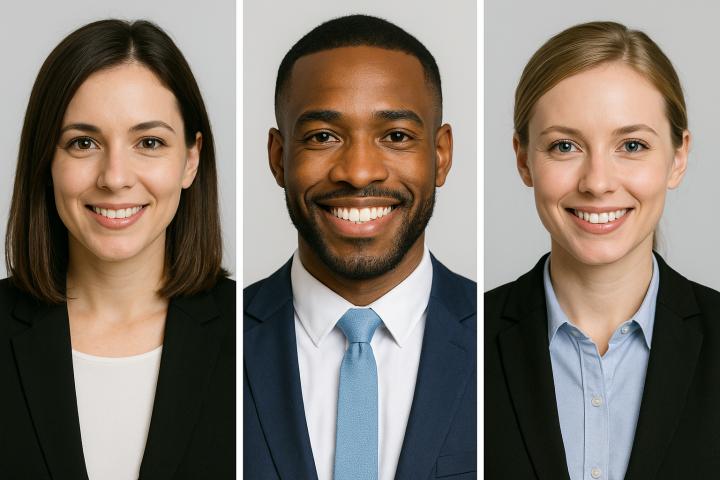 Exemples de photos de CV réussies : portraits professionnels souriants sur fond neutre, avec tenue formelle et bonne lumière.